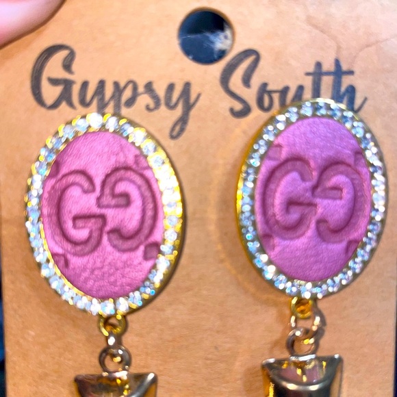 NWT GYPSY SOUTH Upcycled GG Earrings Dangle Crosses Rhinestone Crystals Gold - Picture 3 of 5